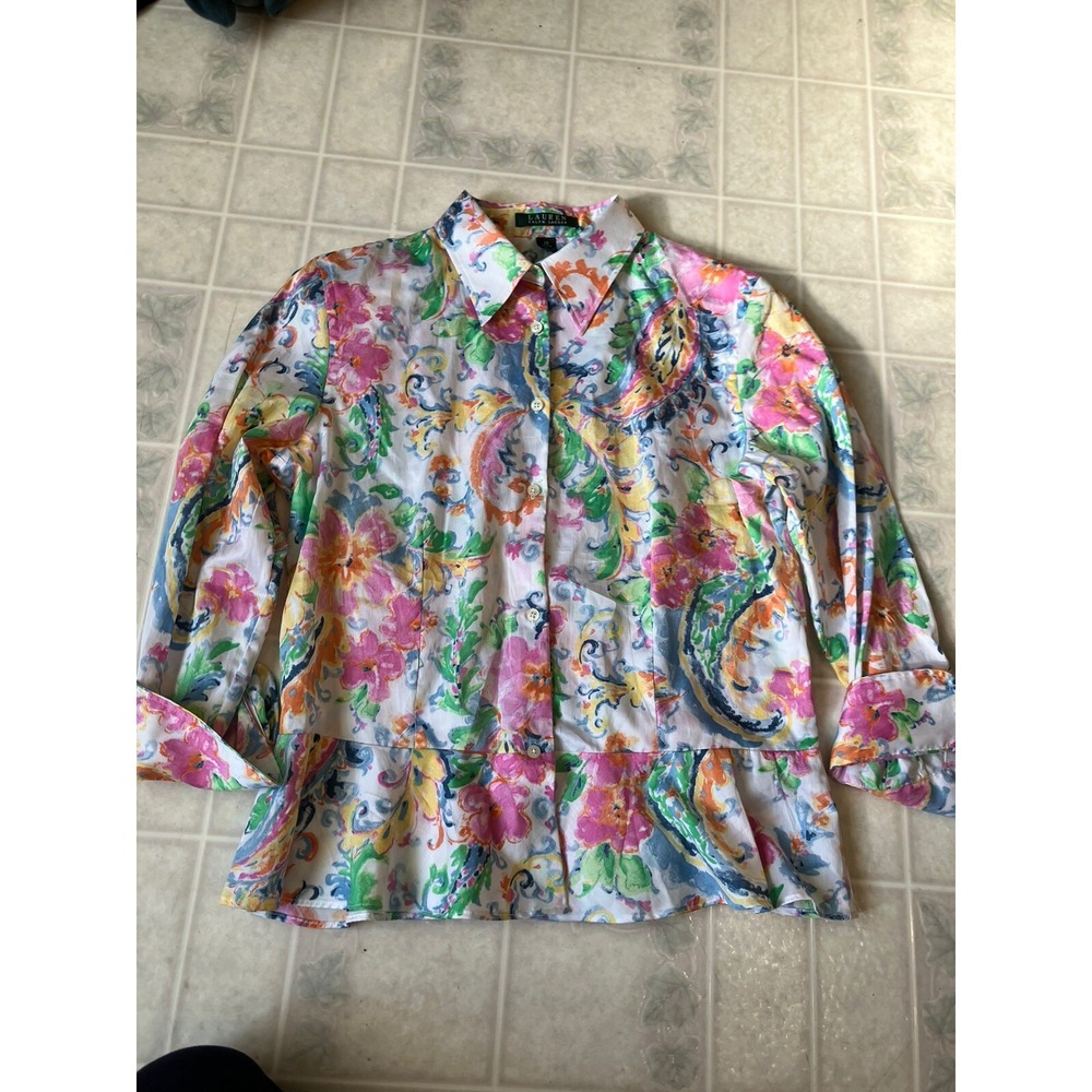 Lauren Ralph Lauren sz 10 Cotton Floral Button Front 3/4 Slv ruffle hem Blouse